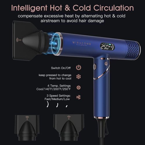 MIRACOMB Foldable Travel Hair Dryer - Powerful Ionic Blow Dryer with Brushless Motor, Lightweight & Portable