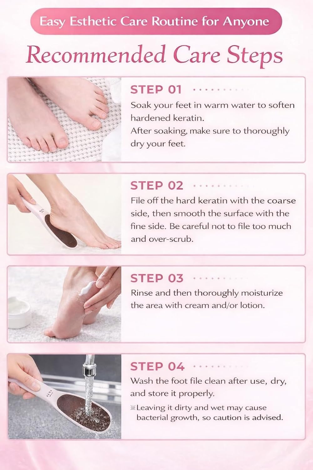 TSURULABO Foot File - Dual-Sided Coarse & Fine Design | Water-Resistant Pink Callus Remover