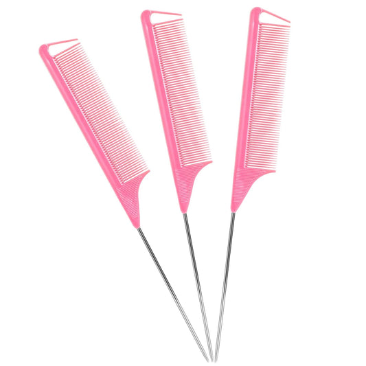Rat Tail Combs Set: 3-Pack Teasing Styling Combs with Long Steel Pins for Women, Parting Combs for All Hair Types (Black)