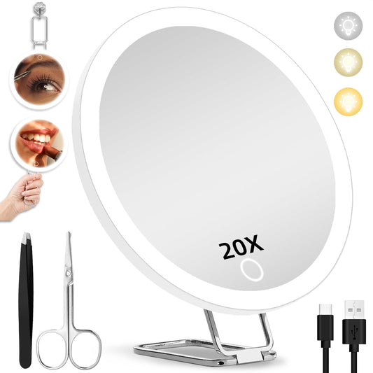 20X Magnifying Mirror with Light 6'' LED Makeup Magnifying Mirror with 3 Color Dimmable Makeup Mirror with 20X Magnification, Lighted 20X Travel Magnified Mirror, 3 Suction Cups, 360° Adjustable Stand