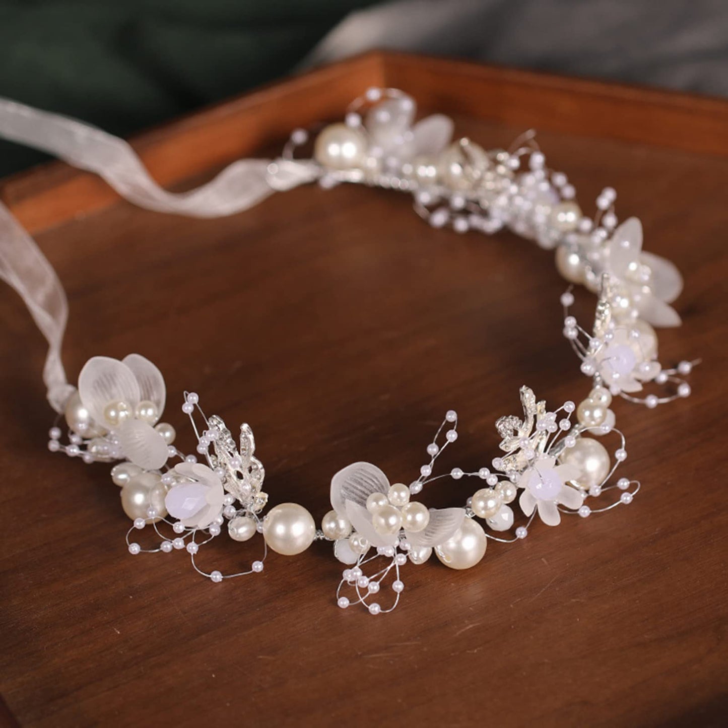 Girl's Fashion Flower Headpiece - White Pearl Headband, Princess Bridal Wedding Hair Accessory (Silver)