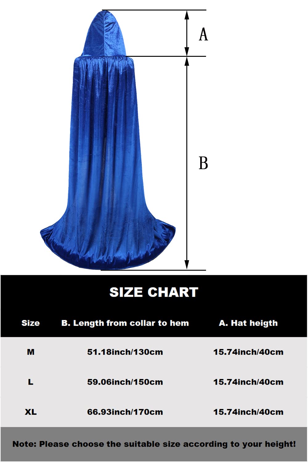 COUNS Unisex Halloween Hooded Cape Cosplay Full Length Velvet Cloak Halloween Fancy Cape Costumes (Blue, Large) (0399)