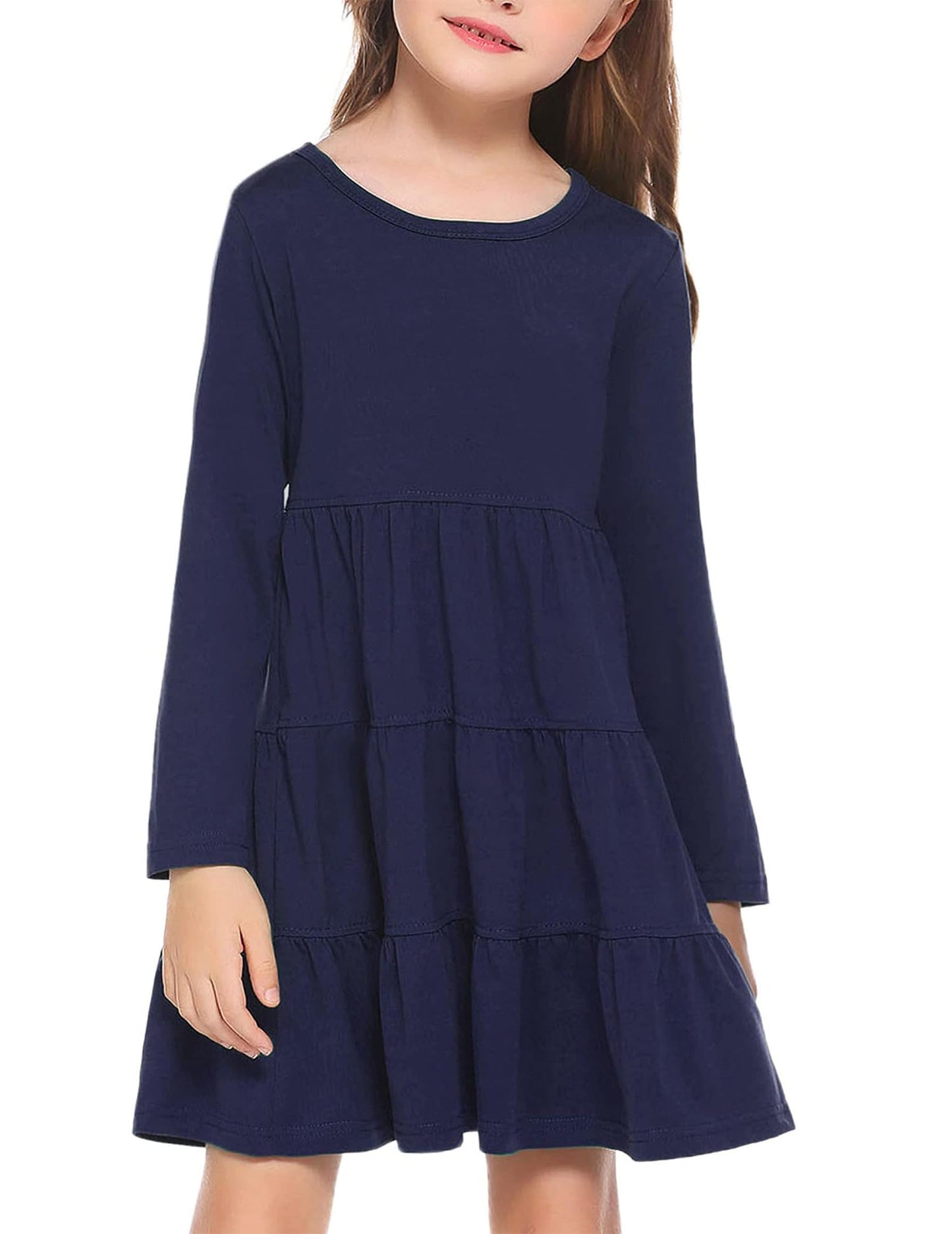 Arshiner Girls' Super Soft Cotton Long Sleeve Tiered Dress, Dark Blue, 120(Age for 5-6Y)