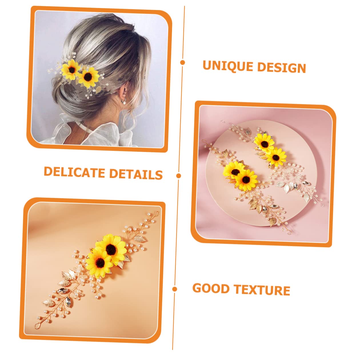 Beavorty Sun Flower Headband, 2pcs Crystal Decor Hair Accessories for Women, Wedding Hair Pieces, Zinc Alloy, Silk Cloth, Zircon