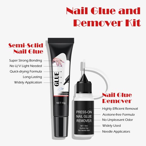 FREEORR Semi-Solid Glue and Remover Kit with Stick for Press ons, No U/V Light Needed Quick Dry Fake Nail Tips Glue and Non-Acetone Remover with Precision Tips (10ml+10g)