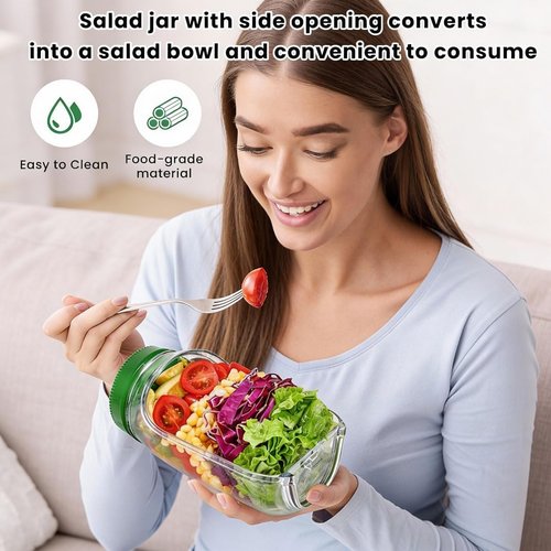 Portable Salad Jar by [Brand Name] - Leakproof Dressing Container & Removable Lid Bowl | Food Grade, Reusable, Freezer & Dishwasher Safe