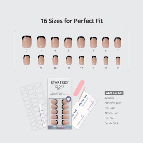 French Tip Press On Nails - BTArtbox Jelly Square Fake Nails with Nail Glue, Reusable Semi-Transparent Stick On Nails in 16 Sizes - 32PCS Soft Gel Glue On Nails Kit, Classic Black