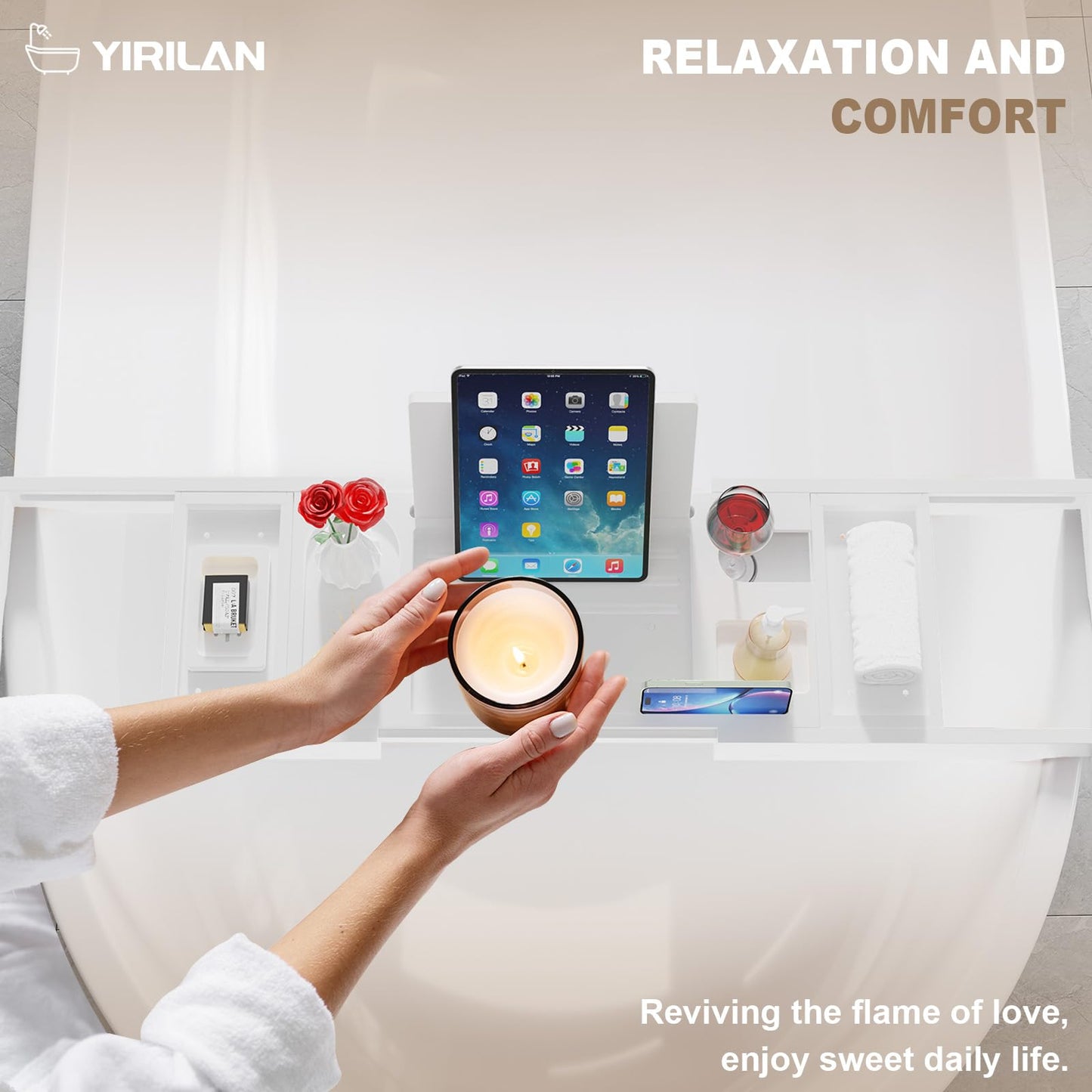 Yirilan Foldable Bamboo Bathtub Tray Caddy, Bathtub Tray, Can Place Wine Glasses, Books, Mobile Phones Multifunctional Bath Tub Tray, Suitable for Gifts in Various Festivals, White