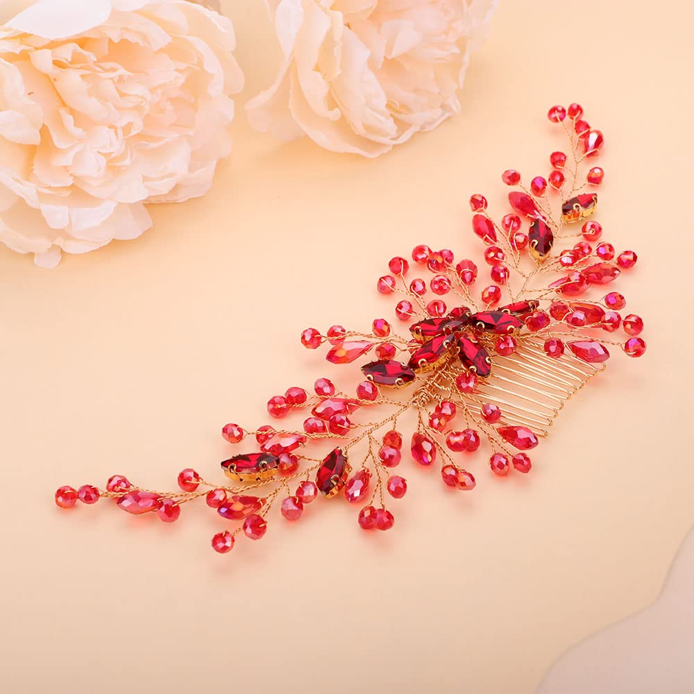 Teyglen Women Red Rhinestones Flower Bride Wedding Hair Comb Headband Handmade Hair Pieces Hair Accessories Shiny Crystals Bridal Side Hair Combs for Women Bride Girls