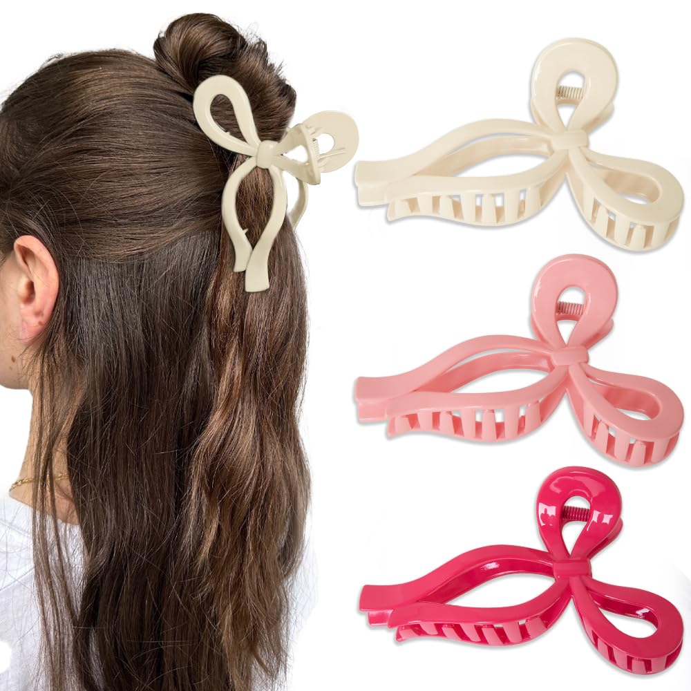 Bmobuo Bows Claw Clips 3Pcs for Women - Hair Clips for Thick Hair, 5.1" Claw Clips for Neutral Colors - White, Brown, Khaki