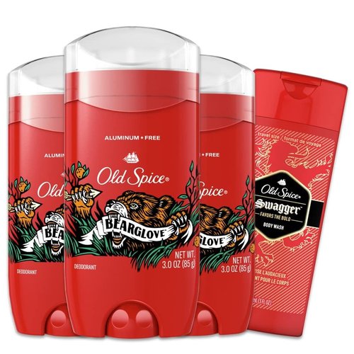 Old Spice Deodorant for Men - Aluminum Free, 24/7 Odor Protection, Bearglove Scent, 3 oz | Includes Travel Size Swagger Body Wash (Pack of 4)