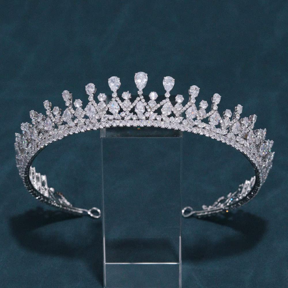 FASNAHOK Full Cubic Zirconia CZ Wedding Crown Bridal Tiaras Lengthened Pageant Headpieces Handmade Princess Hair Jewelry Accessories for Women Silver