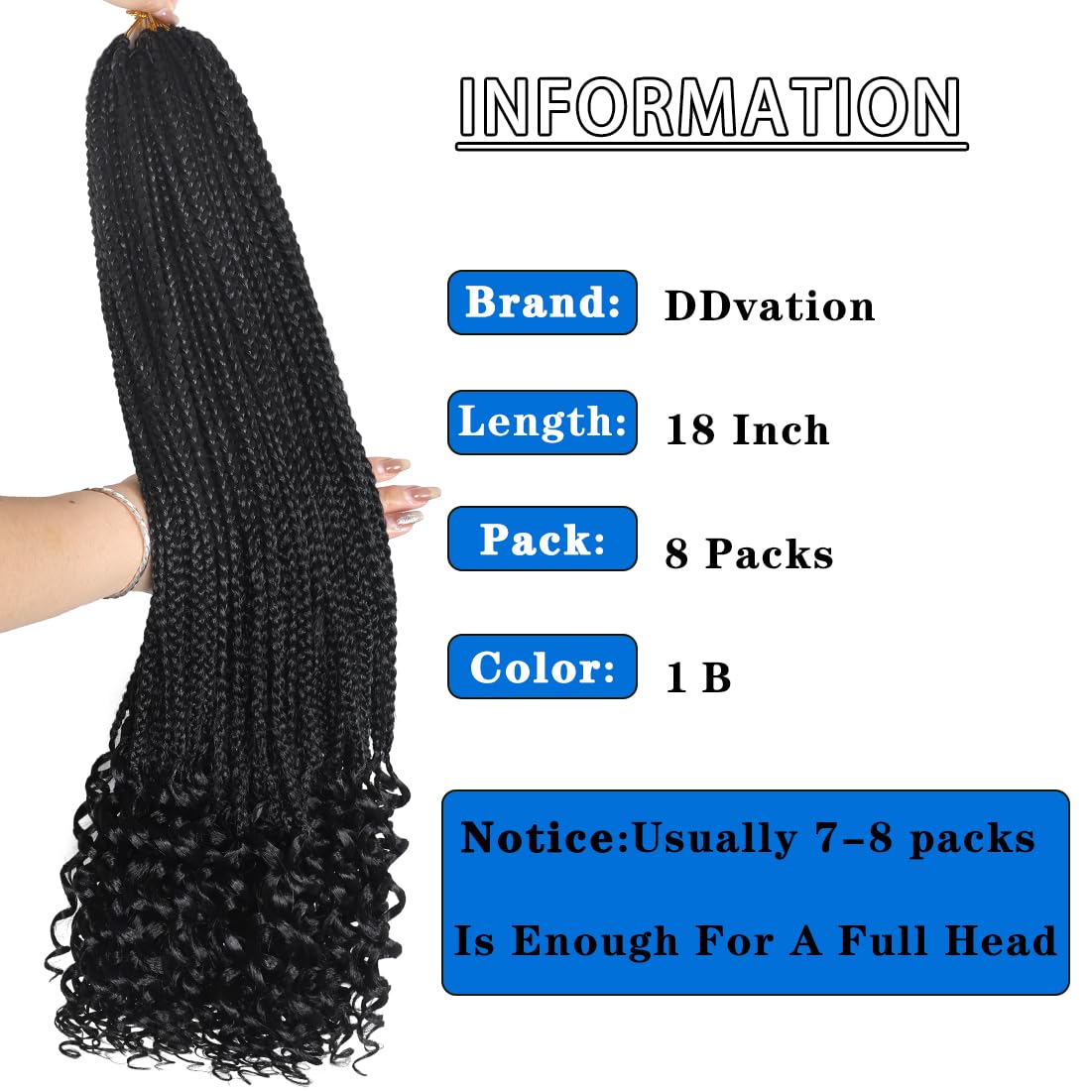 8 Packs 18 Inch Crochet Box Braids Hair with Curly Ends Pre looped Goddess Box Braids Crochet Hair Box Braids Braiding Hair Crochet Braids Hair for Women(18 inch,1B)