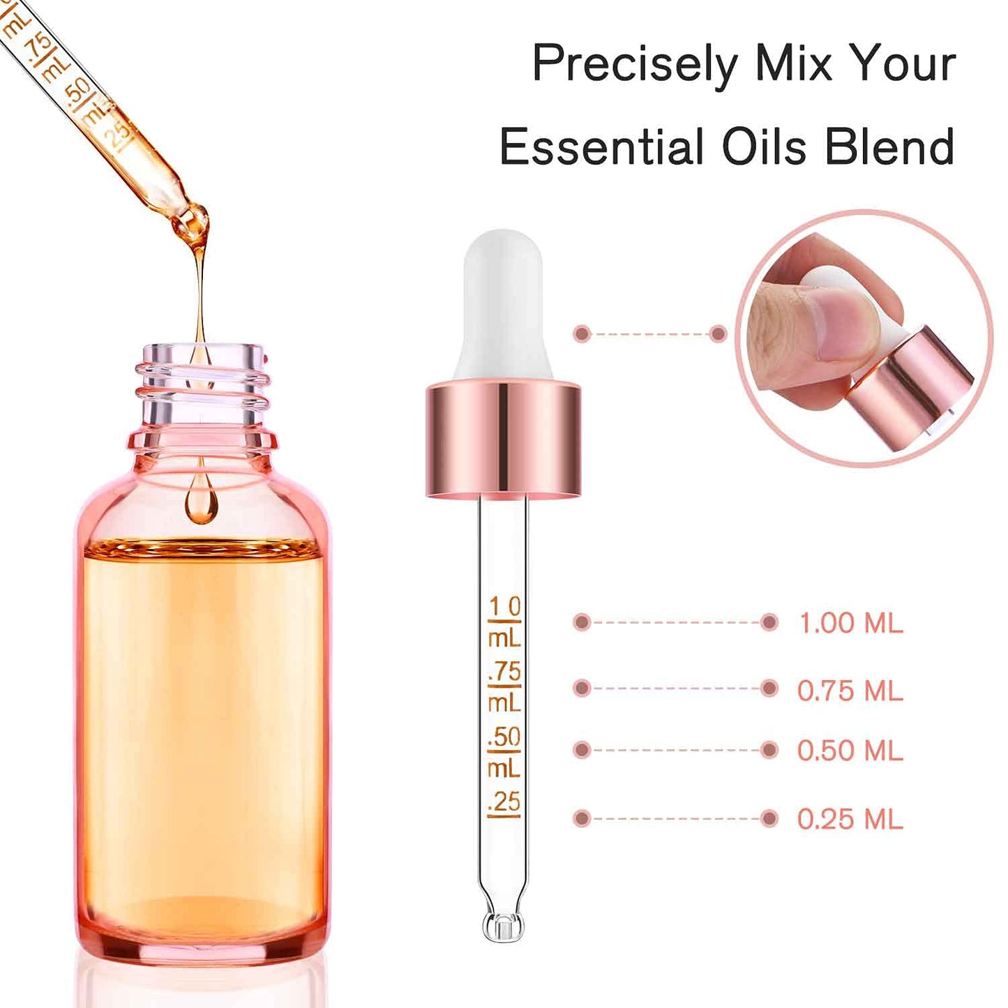 PrettyCare Glass Dropper bottle 2 oz (12 Pack Rose Eye Dropper Bottle 60 ml with Measured Pipettes, Golden Caps, Labels, Funnel) for Essential Oils, Beard Oil, Body Oil