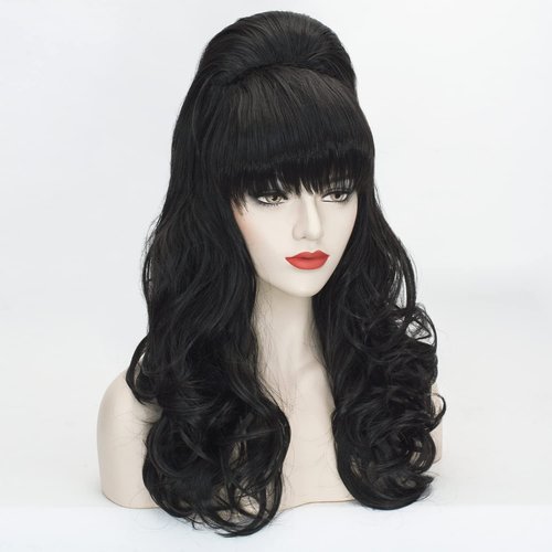 Beehive Wig Black Women Vintage Long Curly Bouffant Updo Victorian Fembot Wig 60s 50s Costume Married Housewife Heat Resistant Synthetic Hair Wigs for Halloween Party + Wig Cap