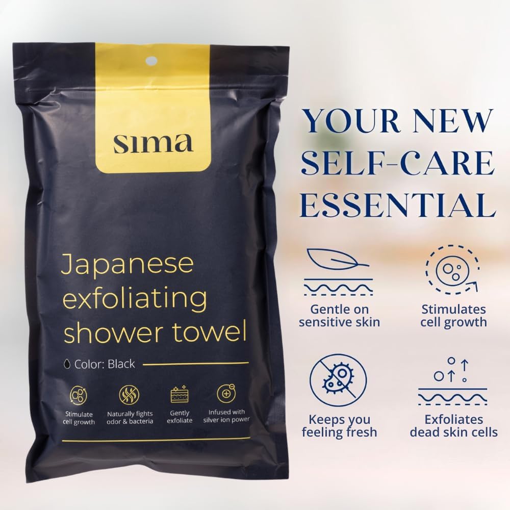Sima Exfoliating Washcloth - Japanese Hexagon Fiber Body Scrubber Towel, Extra Long Dual-Sided (Black)