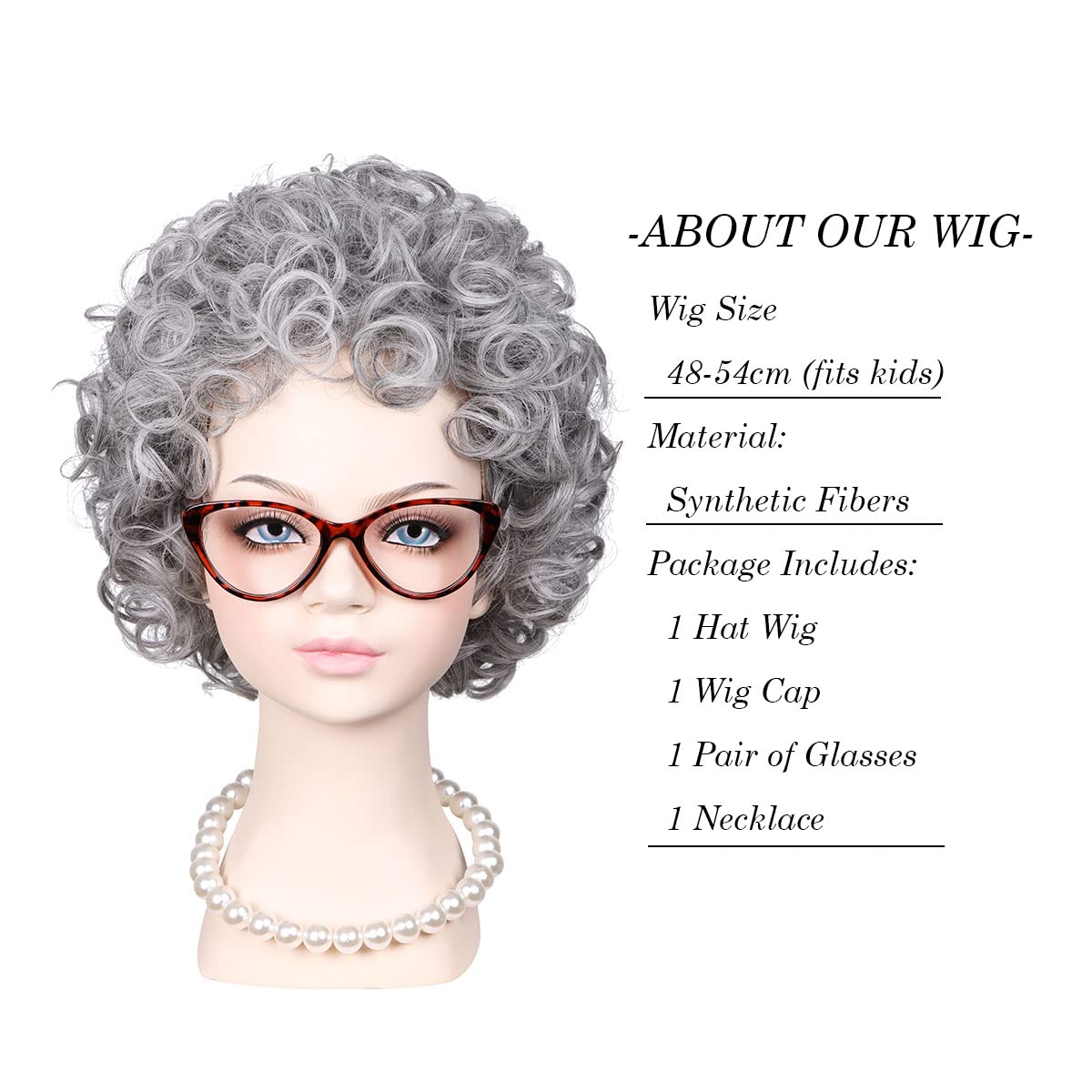 Gray Curly Wig with Granny Glasses and Pearl Necklace Old Lady Costume for Halloween Party for Girl Kid