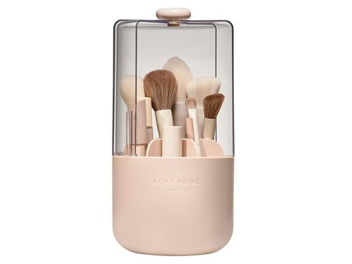EACHY Makeup Brush Holder 360° Rotating with Dustproof Lid, Waterproof Material, 7 Compartments for Organized Storage, Stylish and Durable Design for Vanity (Pink)