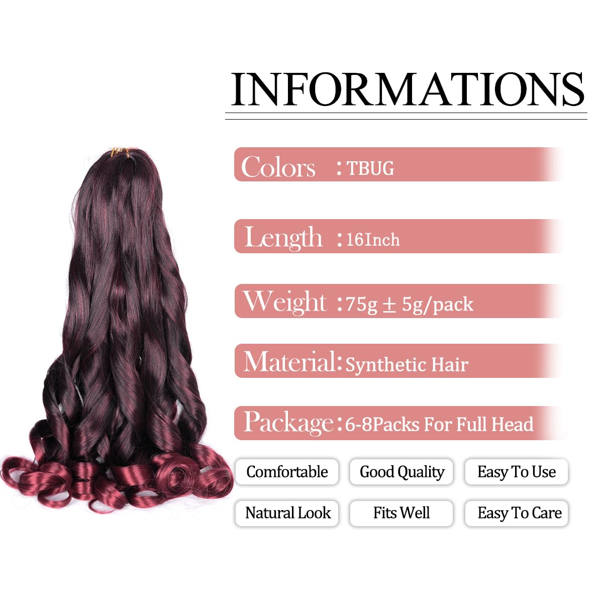 French Curl Braiding Hair,8packs Loose Wavy #TBug Pre Stretched Synthetic Spiral Curly Crochet Braiding Hair 16Inch 75g/pack French Curly Crochet Hair Extensions (16inch,8packs,TBUG)