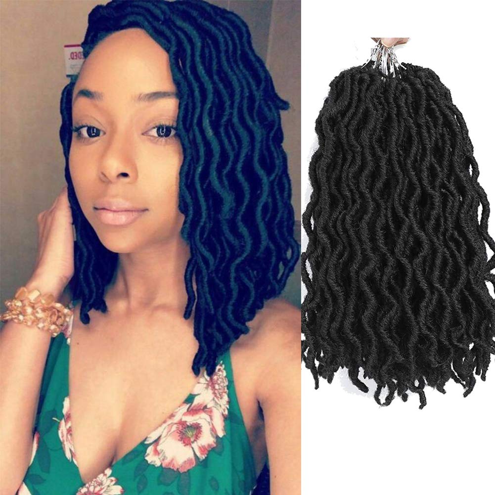 Wavy Gypsy Locs Crochet Hair 12 Inch 8 Packs/Lot Pre-Looped Ombre Goddess Wavy Faux Locs Synthetic Braiding Hair Short Faux Locs Crochet Braids Dreadlocs Hair Extensions (12inch,Black 1B)