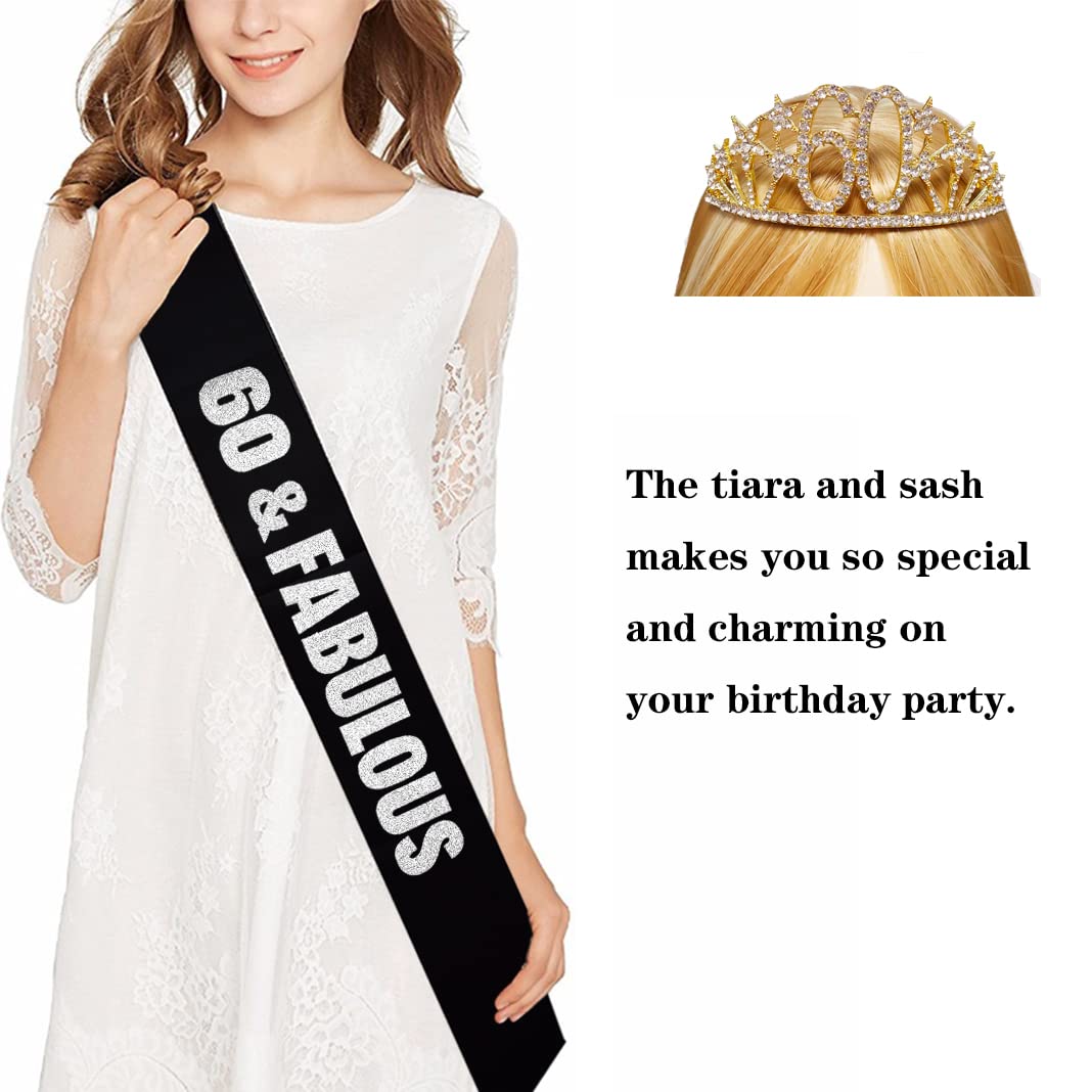 Mayin Happy 60th Birthday Tiara and Sash Gifts Crystal Rhinestone Princess Crown Birthday Queen Party Favor Supplies Gold Crowns Silver Letter Black Sash