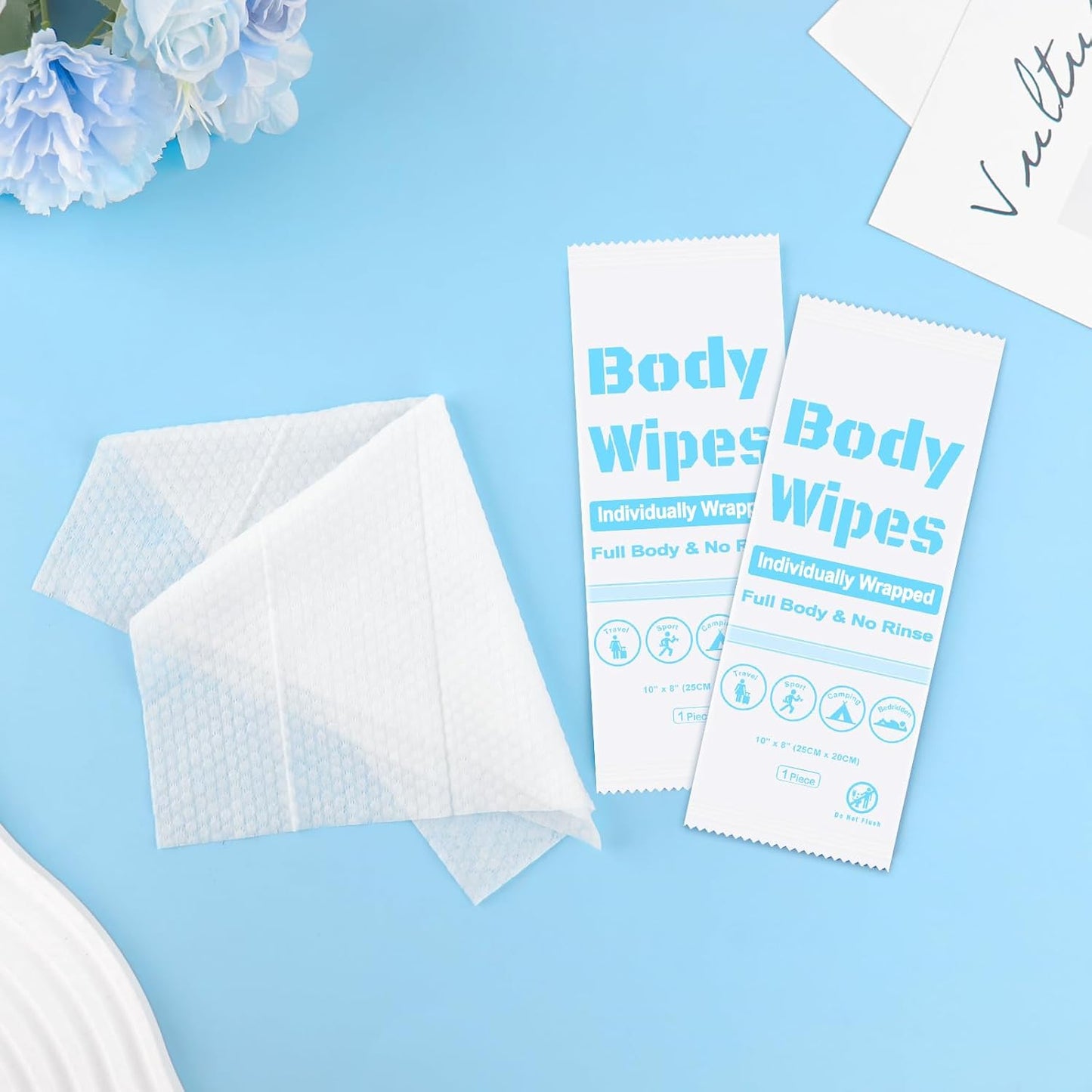 Skiennix Disposable Body Wipes - 50 Individually Wrapped Bath Wipes for Home & Travel | 7.8 x 9.8 Inch, No Rinse