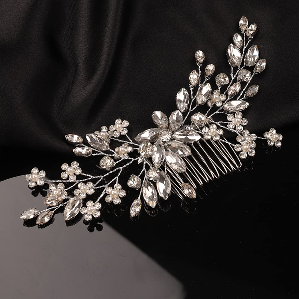 Teyglen Rhinestone Flower Bride Wedding Hair Comb Headband Crystal Hair Pieces Headpieces with Rhinestones Hair Accessories Handmade Bridal Side Hair Combs for Women Bride Girls (Silver)