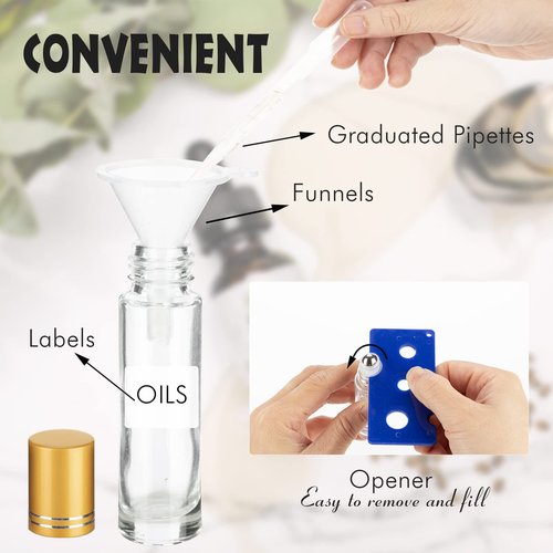 6 Pack Essential Oil Roller Bottles - 10ml Clear Glass with Stainless Steel Roller Balls, Includes Labels, Openers, Funnels, Dropper