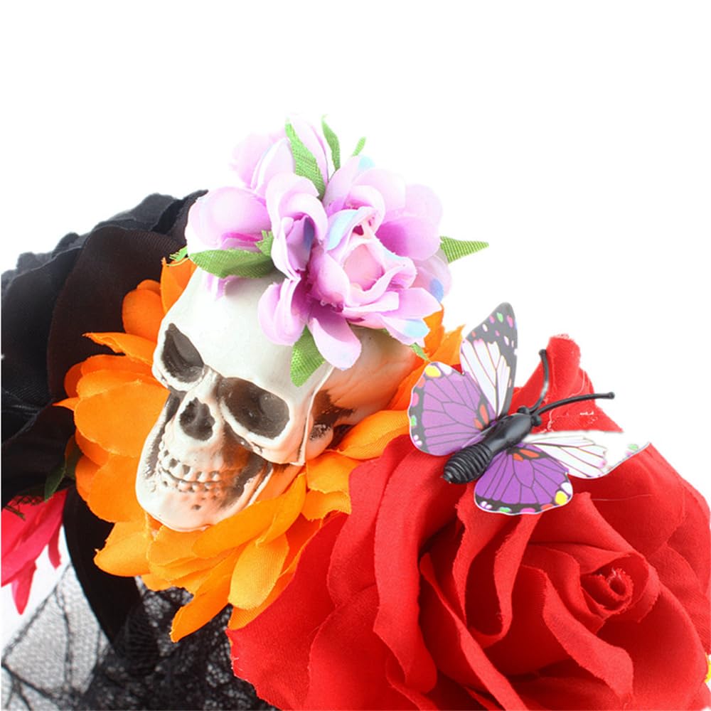 Bubbmi Mexican Flower Crown Headband with Black Veil, Day of the Dead Headpiece, Halloween Easter Festival Headwear with Skull, Dia De Los Muertos Hairhoop