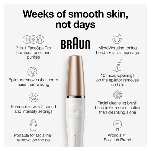 Braun Face Epilator - 3-in-1 Facial Hair Removal Device with Cleansing Brush & Skin Toning Extras