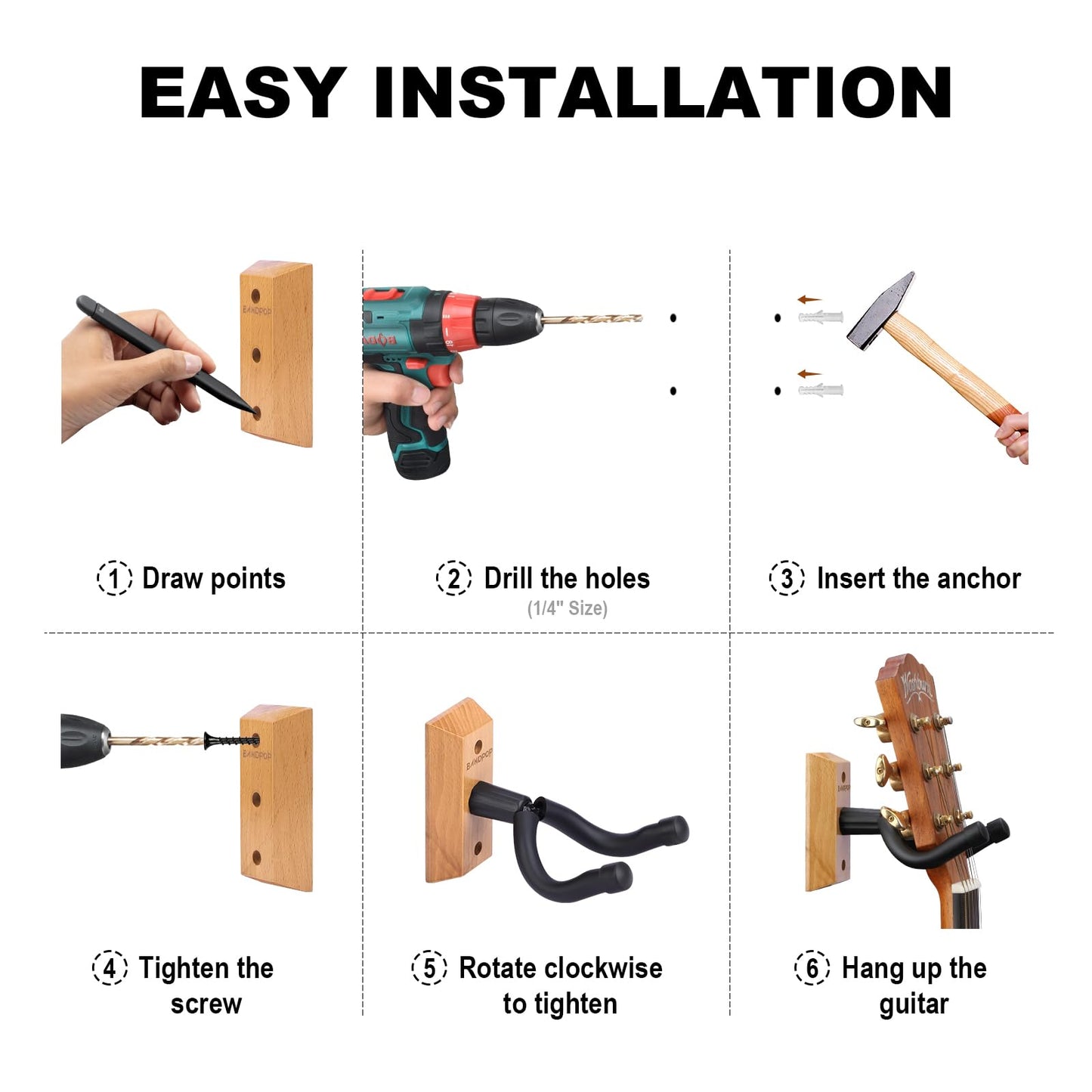 Bandpop Guitar Wall Mount - Solid Beech Wood Guitar Hanger with 5pcs Picks for Acoustic, Electric, Bass, Banjo, Mandolin