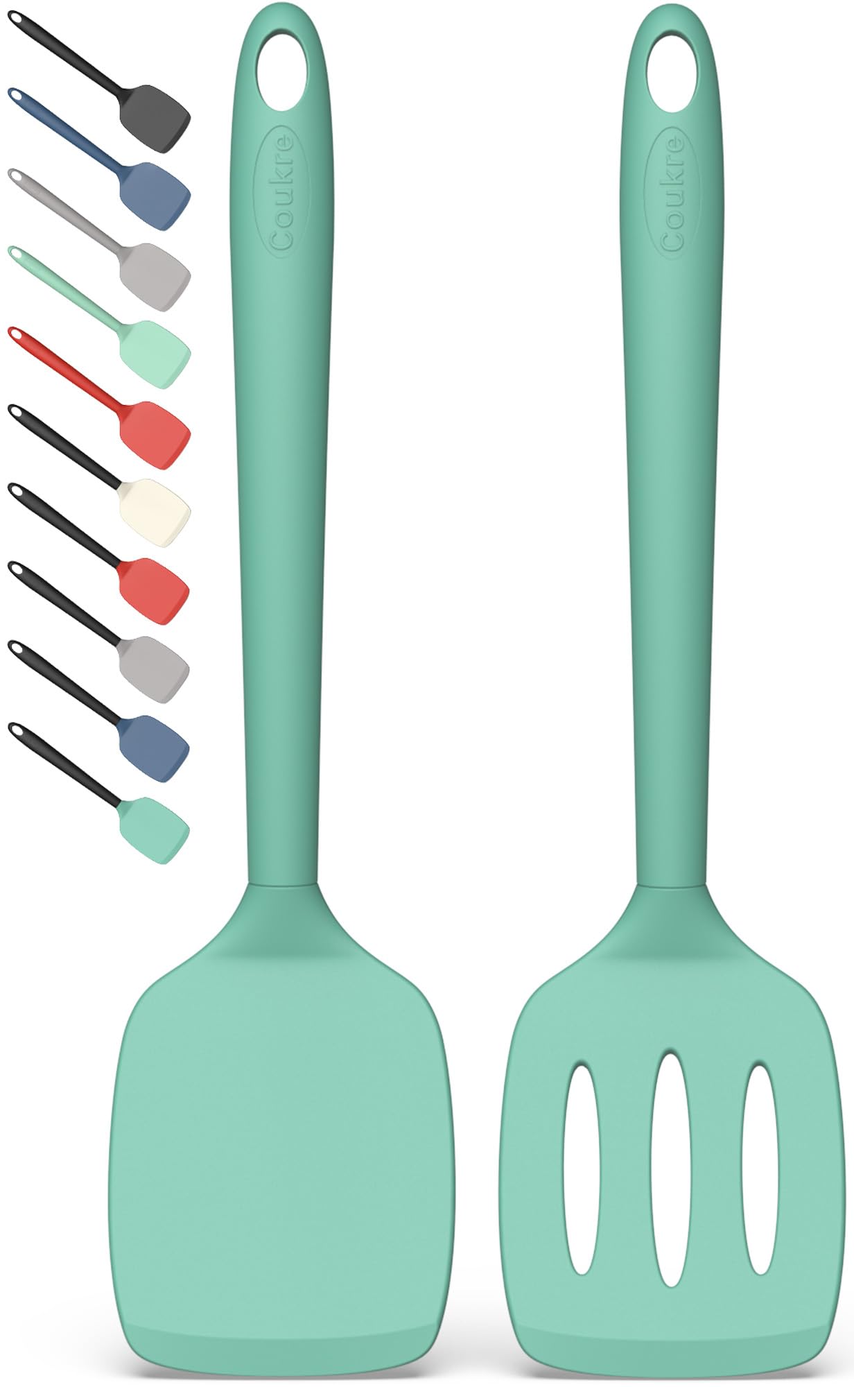 Coukre 2 Pack Silicone Spatula Set, High Heat Resistant, BPA Free Kitchen Spatula, Solid & Slotted Turner for Non-Stick Pans, Sautéing, and Flipping (2, AquaGreen)