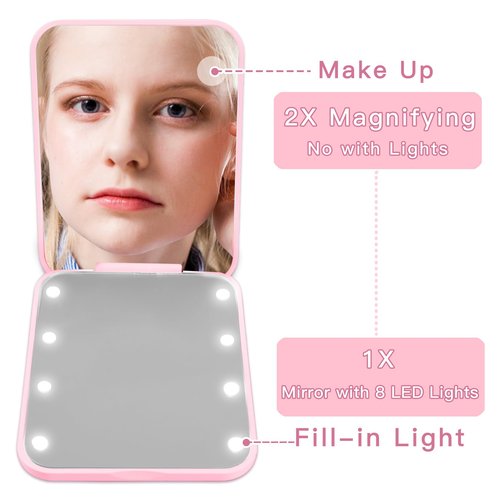 Aganmi Personalized Pocket Mirror with Lights Travel Accessories Cute Pink 2-Sided LED Makeup Mirror with Magnification, Preppy Pearl Initial Small Portable Folding Compact Mirror for Purse (V)