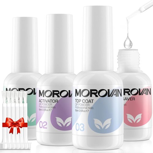 Morovan Dip Powder Liquid Set - Activator, Base & Top Coat with Dipping Brush - 4pcs 0.5oz