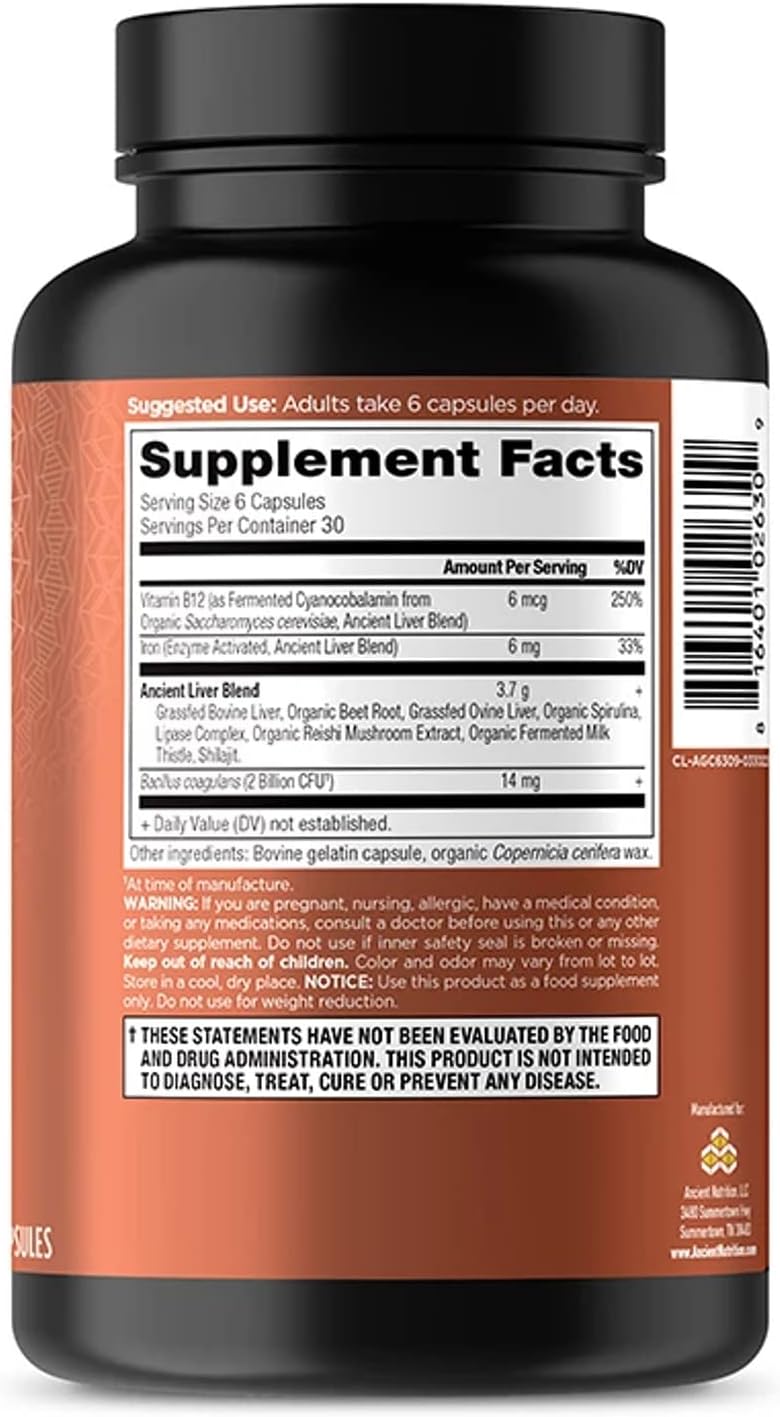 Ancient Nutrition Organ Supplements - Grass-Fed Beef & Lamb Liver Complex Capsules | 180 Ct for Healthy Blood & Gut Support