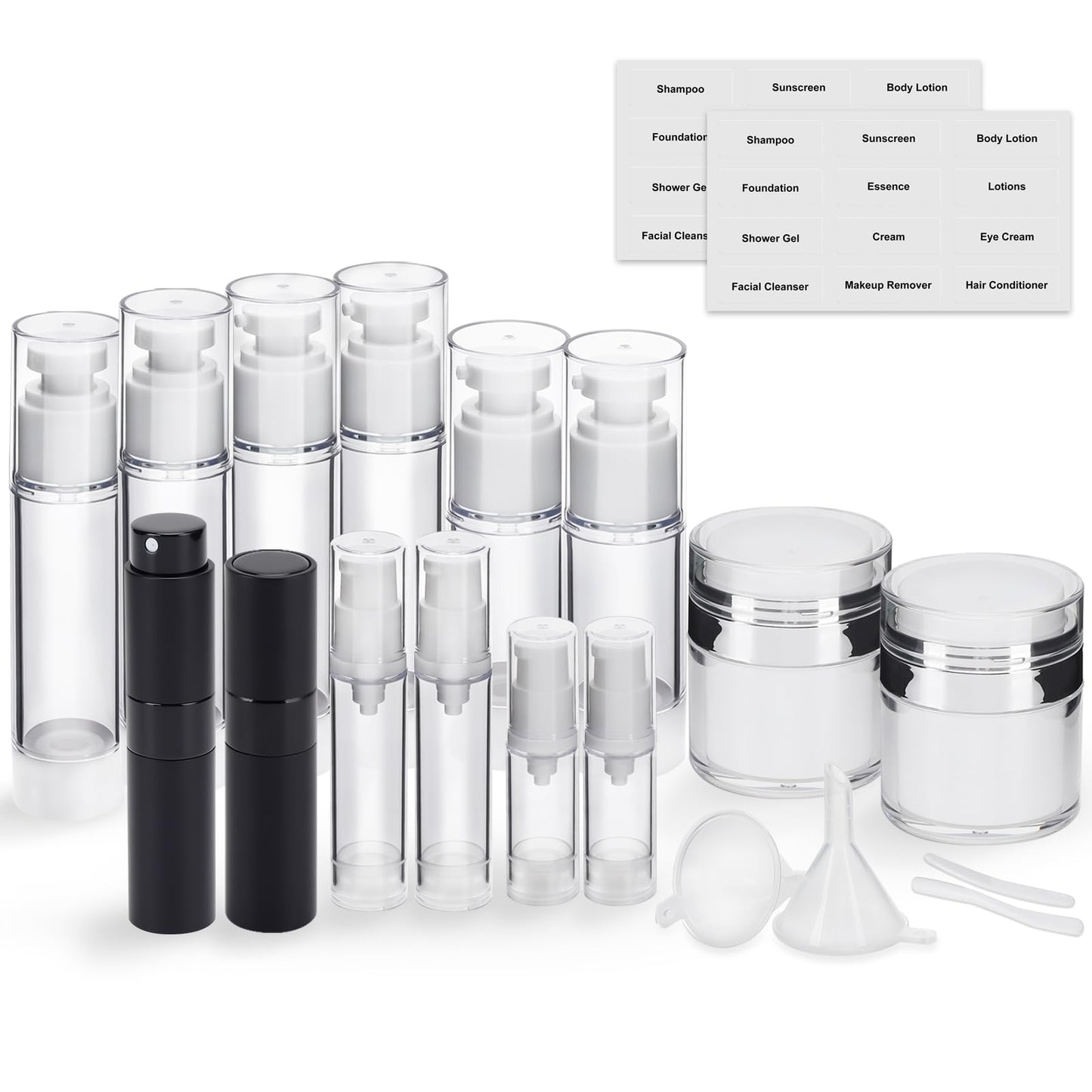 Bubimon 20 Pack Airless Pump Jar & Atomizer Perfume Spray Bottles Set, Leak Proof, Travel Cosmetic Containers for Shampoo Conditioner Lotion, Body wash, Cream, Toiletries, Essential Oil