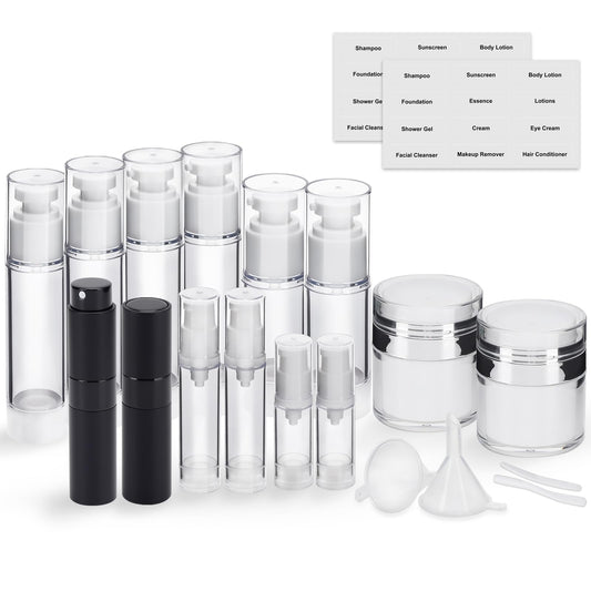 Bubimon 20 Pack Airless Pump Jar & Atomizer Perfume Spray Bottles Set, Leak Proof, Travel Cosmetic Containers for Shampoo Conditioner Lotion, Body wash, Cream, Toiletries, Essential Oil