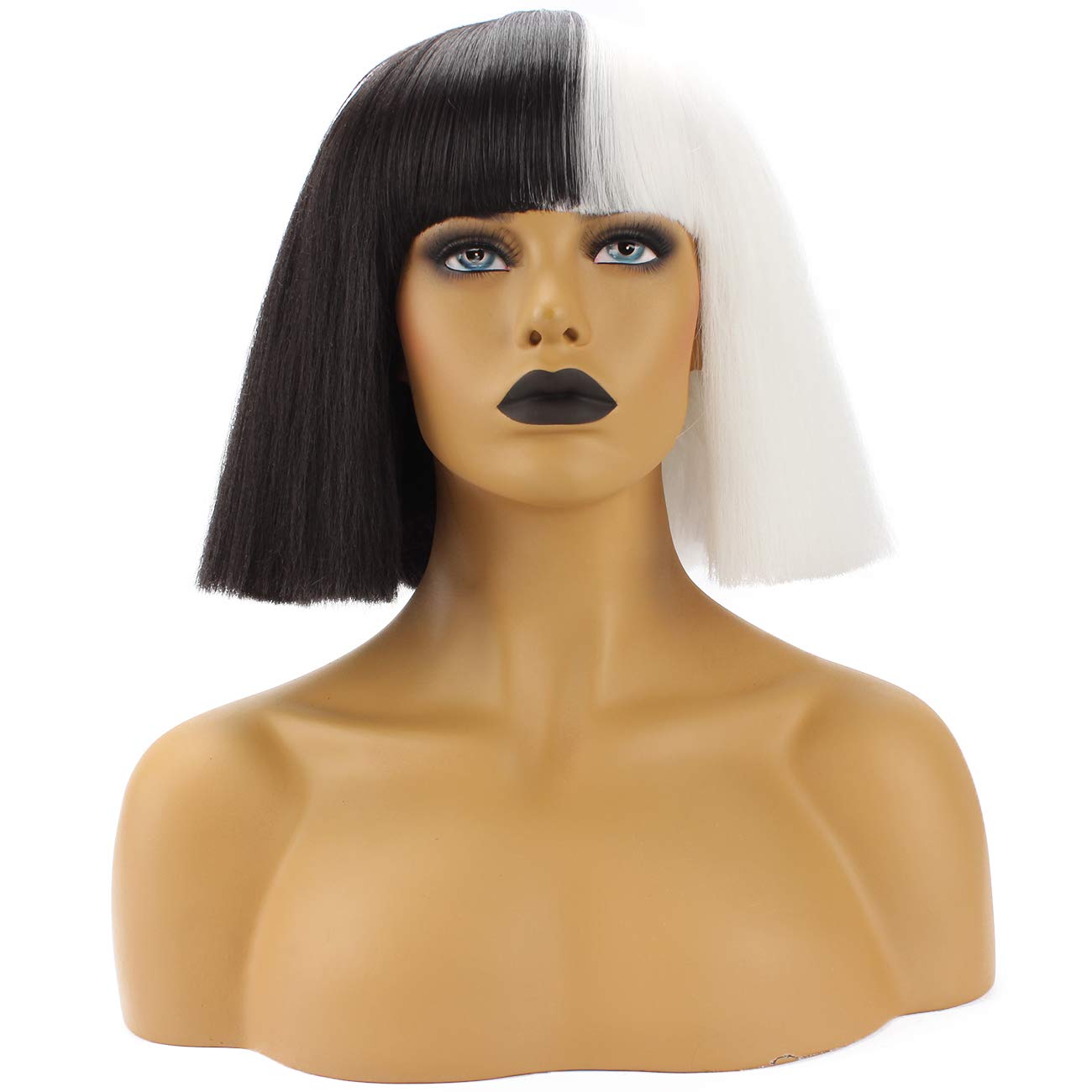 WeKen Halloween Wig Women Short Bob Kinky Straight Full Bangs Synthetic Black and White