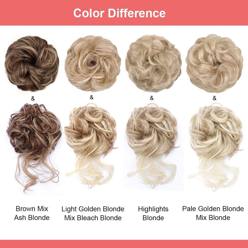 KETHBE Messy Bun Hair Piece Tousled Updo Hair Buns Extension Elastic Hair Band Hair Pieces Curly Hair Bun Scrunchie For Women (2PCS,Pale Golden Blonde Mix Blonde)