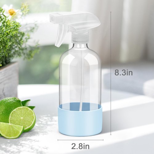 Rionisor Glass Spray Bottles - 16 oz Refillable Containers with Silicone Sleeve | Adjustable Nozzle for Hair & Cleaning Solutions - Blue