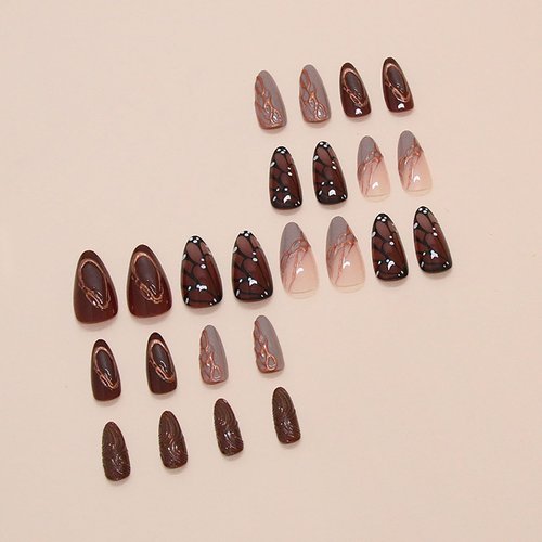 24Pcs Brown Almond Press on Nails Medium Fake Nails with Glue Reusable False Nails with Butterfly Wings Golden Line Design Artificial Acrylic Nails Press ons Full Cover Holiday Stick on Nail for Women