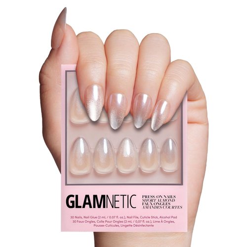 Glamnetic Press On Nails - Polar Night Fake Nails | Short Almond Fake Nails with Ombré Silver Tips and Glossy Velvet Finish, Salon Quality | 15 Sizes - 30 Nail Kit with Glue