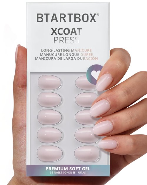 BTArtbox Press On Nails Almond - Power Calm, Lamp-Curable 4-Week Wear Nude Pink Extra Short Press On Nails with Glue and Adhesive Tabs, Easy-to-Apply in 16 Sizes - 32 Nails All-in-One Kit