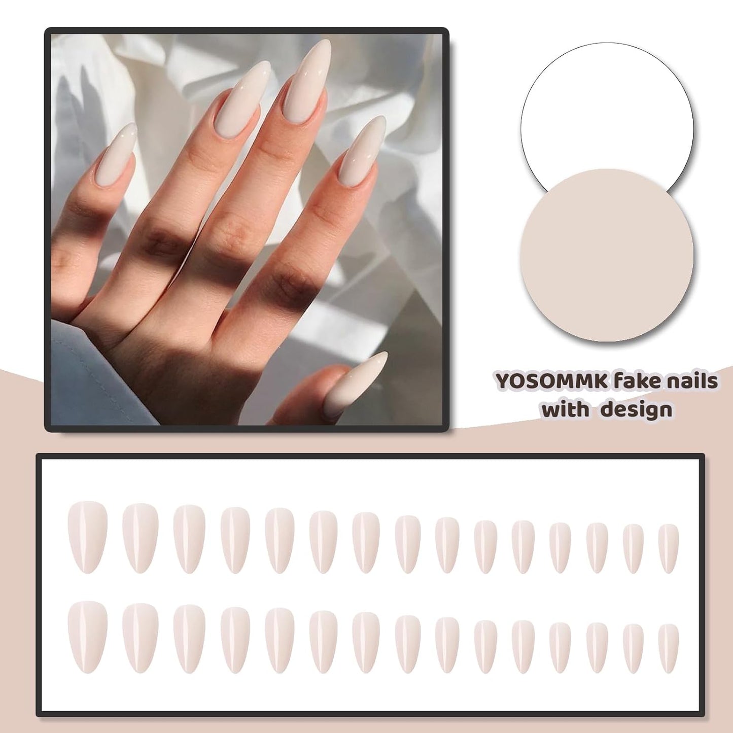 Skiennix Cream White Press-On Nails - Medium Almond Glossy Acrylic Fake Nails for Women