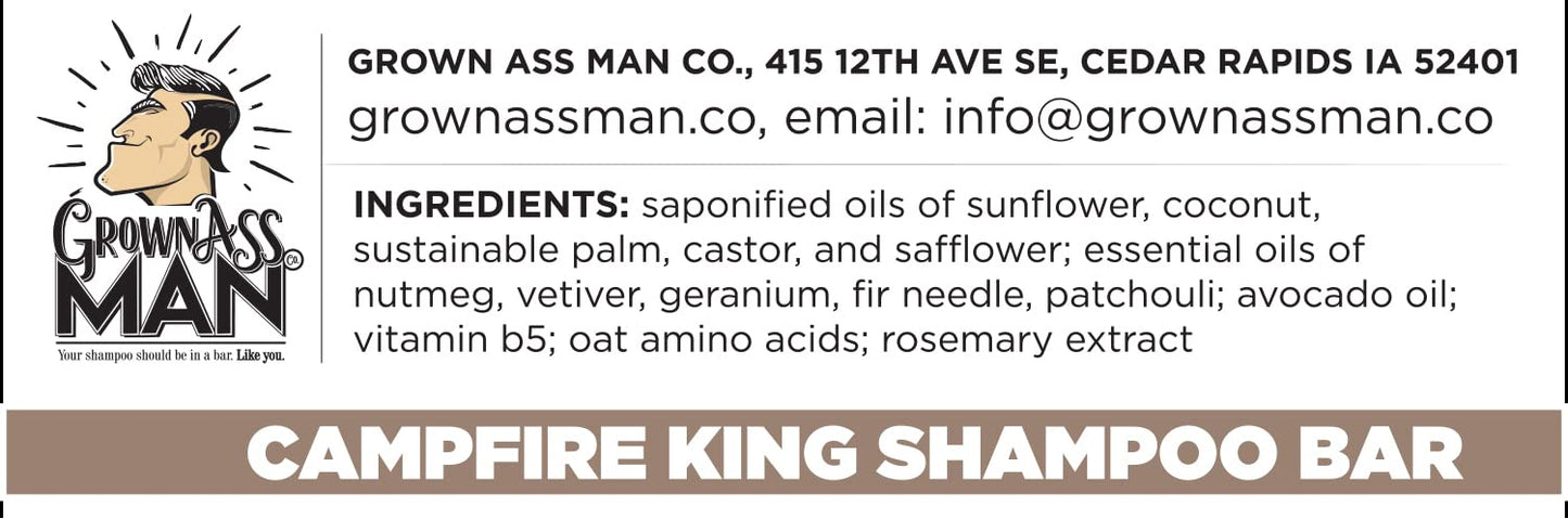 Grown Ass Man Co. Solid Shampoo Bar - Rich Lather 3-in-1 Hair, Beard & Body Wash | Eco-Friendly 4oz Campfire King