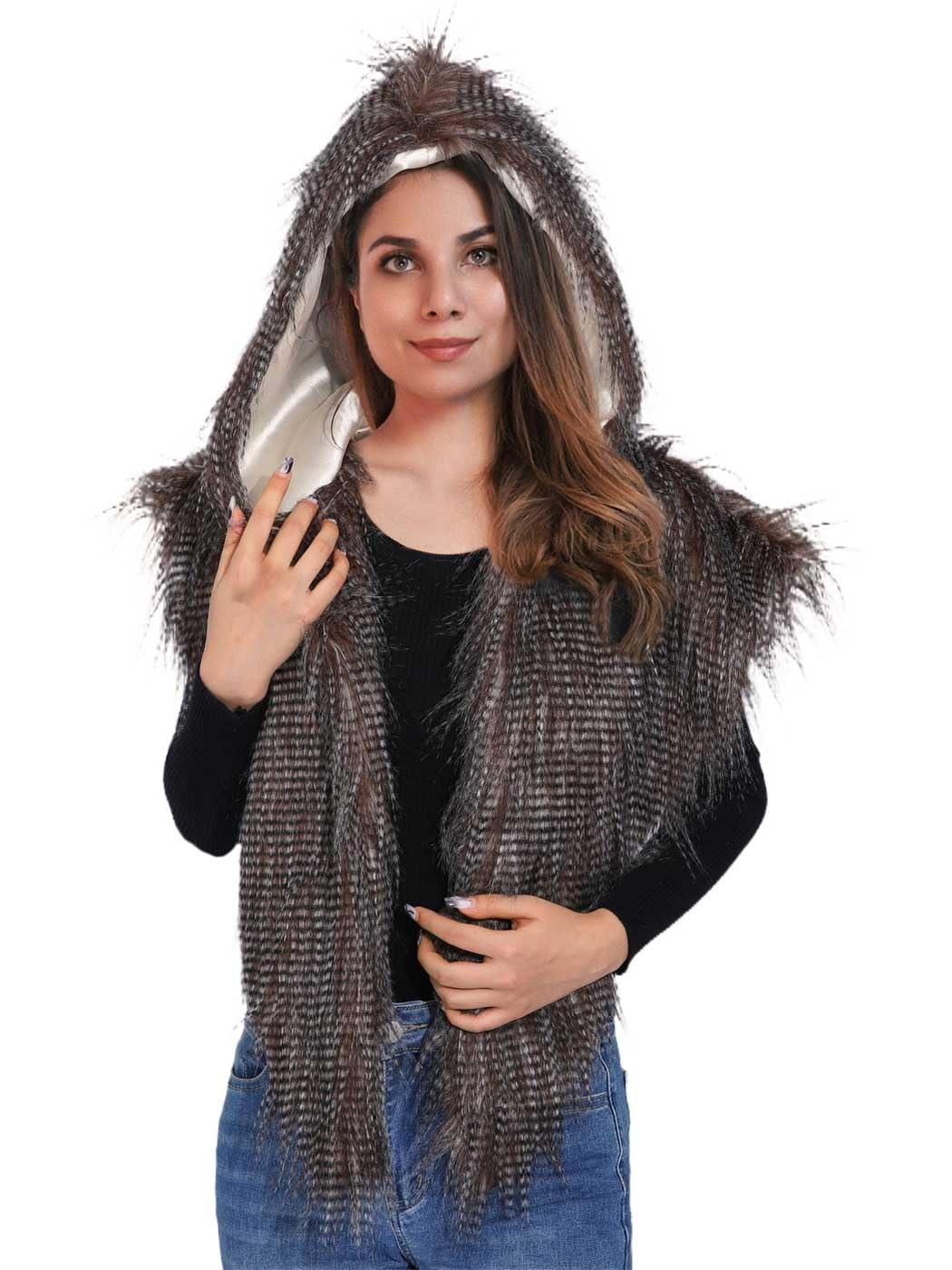 GORAIS Women Hooded Faux Fur Collar Fur Shoulder Wrap Cosplay Costume Fur Cape for Halloween Outfit