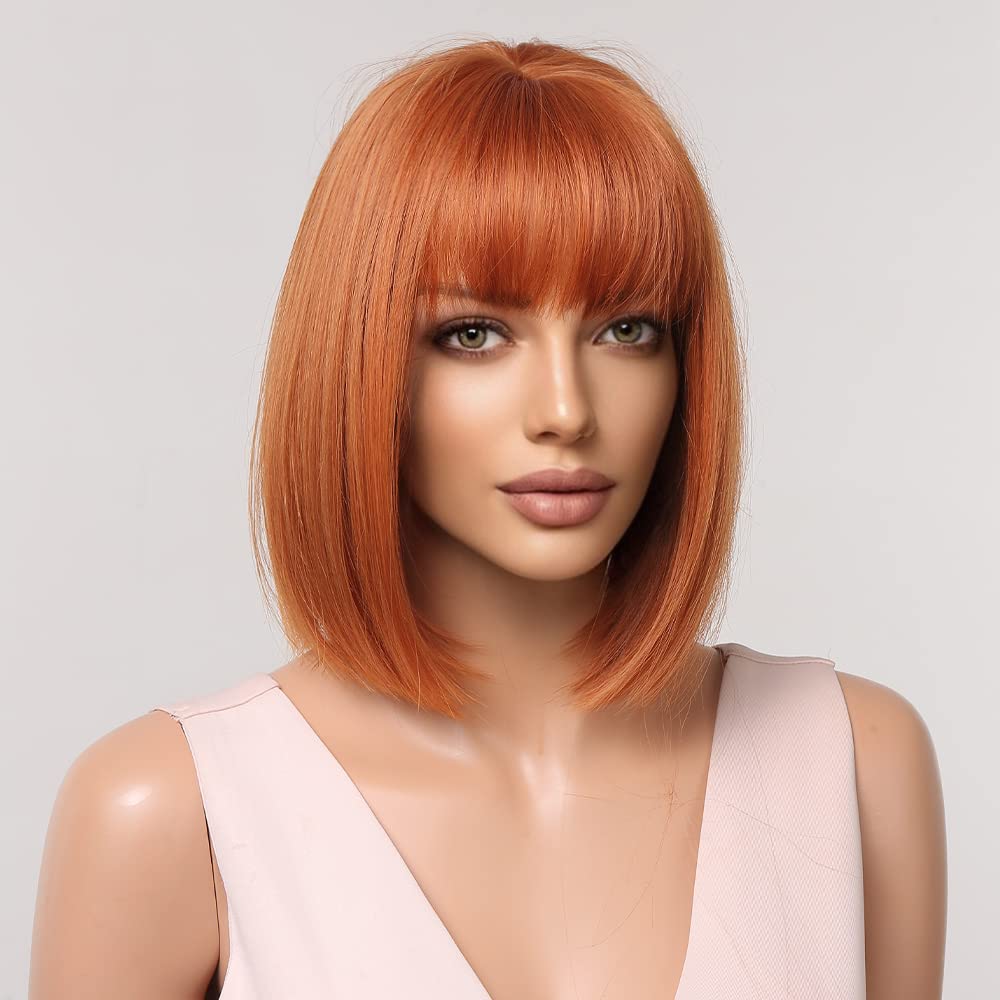 BERON Auburn Wig for Women Red Copper Bob Wig Short Straight Dark Orange Wig with Bangs Synthetic Heat Resistant Wig Cap Included (Auburn)