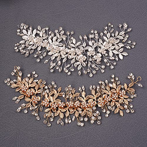 Teyglen Flower Leaf Crystal Handmade Hair Vine Large Rhinestones Headpiece Wedding Hair Accessories for Brides and Women (Gold)