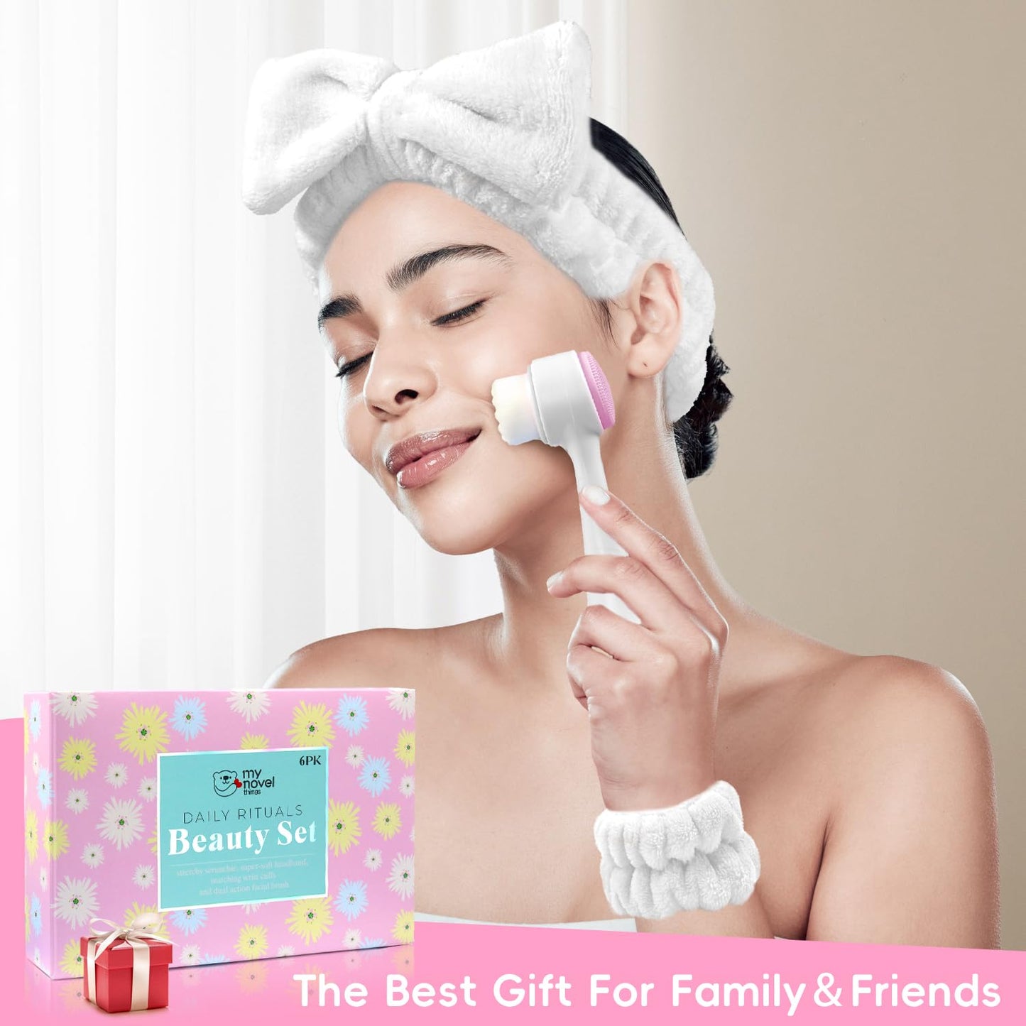 my novel things Spa Headband for Washing Face, Skincare headband and wristband set, Facial Cleansing Brush, 2-in-1 Skin Care face Brush, Come with a Hair Scrunchie, For Massaging Makeup Skincare-White