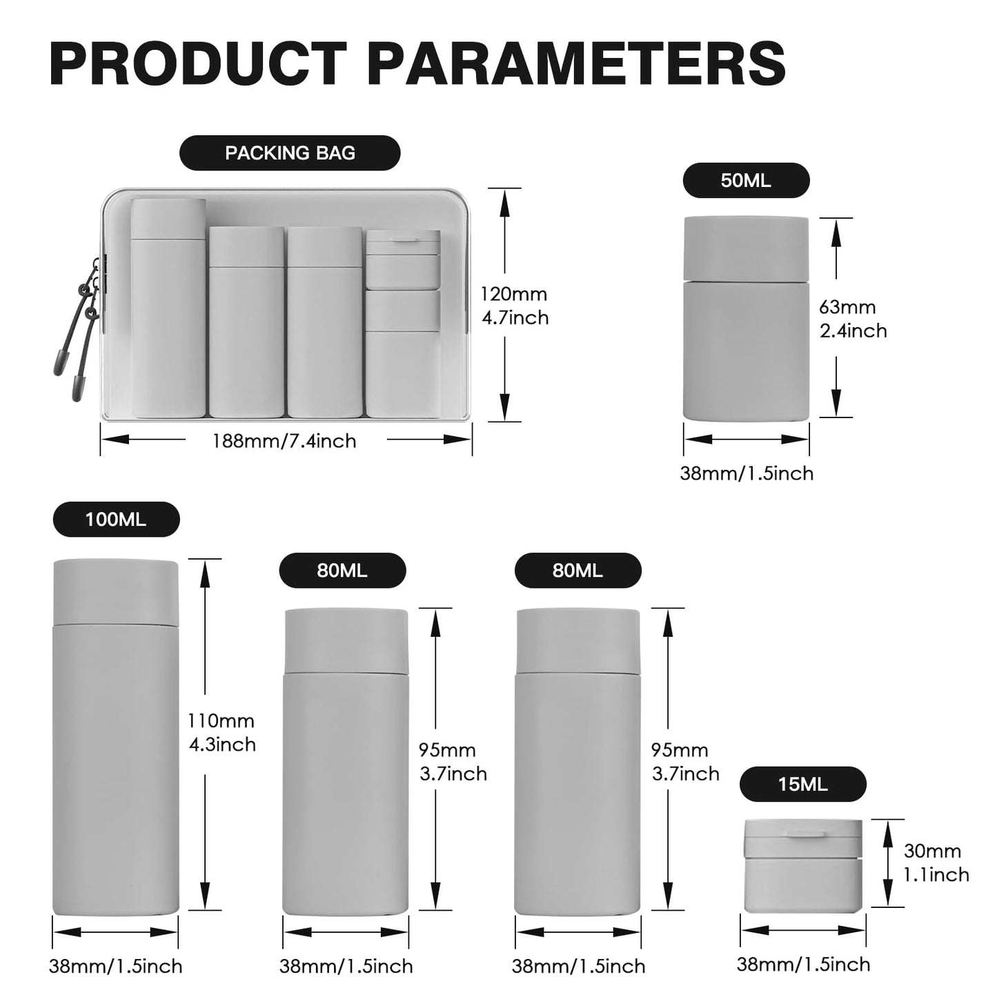 Travel Bottles for Toiletries, 5 Pack Travel Size Containers, TSA Approved Leak Proof Refillable Portable Travel Toiletry Bottles Set with Clear Toiletry Bag for Shampoo Conditioner, Lotion (Grey)